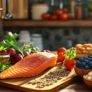 Vegetais verdes, frutas vermelhas, nozes, azeite… Alimentos valiosos que retardam a atrofia cerebral. © Jack, Adobe Stock (imagem gerada por IA)