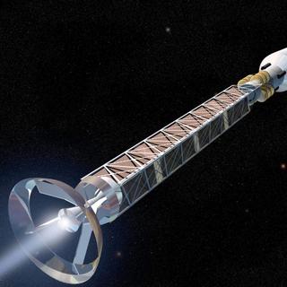 Impressão artística de um projeto de nave com propulsão de antimatéria. © NASA/MSFC