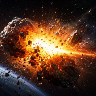 Une vue de l'IA d'une explosion nucléaire fragmentant un astéroïde. Illustration créée à l'aide d'un outil IA. © Laurent Sacco, Futura