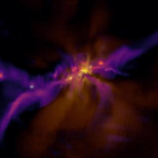 Uma imagem tirada de uma simulação da formação das primeiras estrelas e galáxias na época do Amanhecer Cósmico. © Dr Harley Katz, Beecroft Fellow, Departamento de Física, Universidade de Oxford