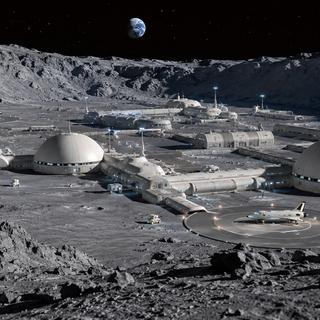 Une vue d'une base lunaire dans un cratère proche du pôle Sud lunaire par l'IA. © LS, ChatGPT