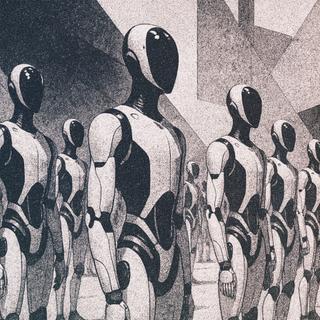 Fileiras impecáveis ​​de robôs humanóides… por trás da imagem, um mercado muito menos estável do que parece. Ilustração gerada usando IA. © XD com ChatGPT