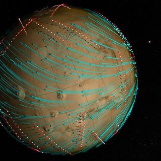 Os pontos brancos ao longo de Marte representam o caminho percorrido por Maven. As setas azuis indicam a direção dos ventos na alta atmosfera marciana. As linhas vermelhas representam a velocidade e direção do vento local durante as medições feitas pelo Maven. © Nasa Goddard, Maven, SVS, Greg Shirah