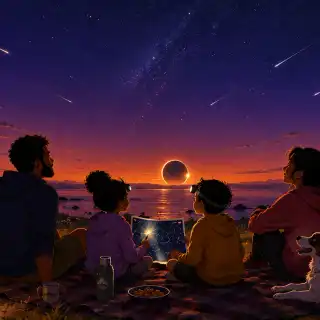 Pourquoi ne pas profiter de cet été pour vous mettre à l’astronomie ? Éclipse de Soleil, pluie d’étoiles filantes spectaculaire et bal des planètes : découvrez notre guide pas-à-pas pour ne rien manquer du plus grand spectacle de la saison, 100 % gratuit et accessible à toute la famille. © XD, ChatGPT