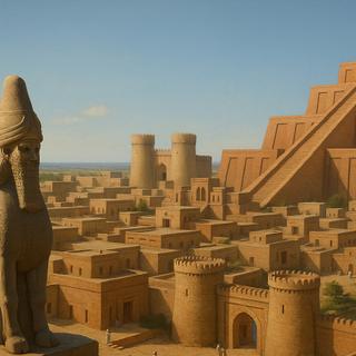 Ilustração de uma cidade suméria gerada com IA. © XD com ChatGPT