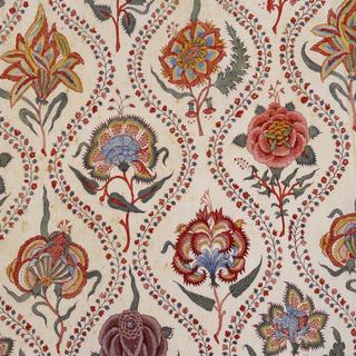 Détail agrandi d'une indienne, toile de coton imprimée en Inde vers 1750. © Collection du Musée de l'Impression sur Étoffes de Mulhouse (MISE), 2018