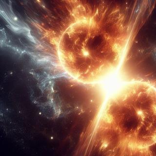 Une vue d'une collision d'étoiles par l'IA. © IA BING Designer Microsoft Corporation