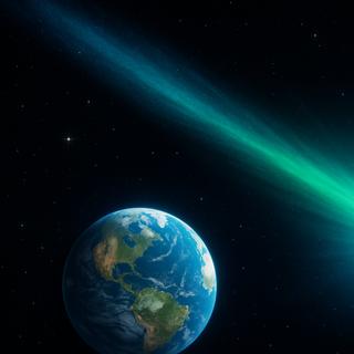 Ilustração gerada por IA mostrando um cometa se aproximando da Terra. © N. Lira - ALMA (ESO/NAOJ/NRAO)