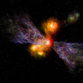 Cette vue d'artiste représente la galaxie Cristal-02 et l'immense panache de gaz froid qui s'en échappe. S'étendant sur une distance comparable à celle de la galaxie elle-même, ce panache trahit l'existence d'un puissant vent galactique capable d'évacuer le gaz nécessaire à la formation de nouvelles étoiles. © Joshua Worth