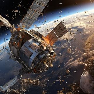 A multiplicação de constelações de satélites aumenta o risco de colisões em cadeia. © @Jérémie, gerado com Midjourney