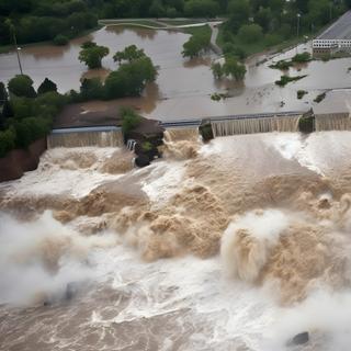Scène de destruction provoquée par l'effondrement d'un barrage. Image générée par une IA. © mfathur19, Adobe Stock