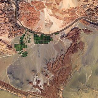 Uva crescendo ao longo do rio Orange. O rio Orange é o maior rio da África do Sul (2.160 km) e serve parcialmente como fronteira com a vizinha Namíbia. A cerca de cem quilómetros a montante da foz do Oceano Atlântico, os programas de irrigação instalados nas margens do Orange aproveitam esta fonte de água doce e também as terras ricas das várzeas. Esses retângulos em diferentes tons de verde contrastam com o resto da paisagem desértica. A Namíbia é o país mais seco de África a sul do deserto do Saara e a maior parte do seu território é imprópria para a agricultura. O cultivo da uva domina nesta região. As condições climáticas locais permitem que as uvas da Namíbia possam ser colhidas duas a três semanas antes das produzidas na região do Cabo, na África do Sul. Nota: Imagem girada 90° para a direita. © NASA