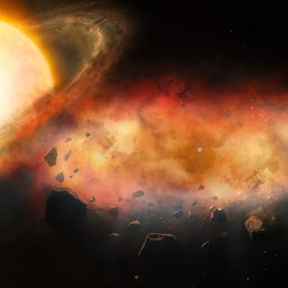 A ilustração deste artista mostra um vasto disco de detritos planetários, rodeado por uma espessa nuvem de poeira e gás, passando em frente de uma estrela. Uma equipe de astrônomos usou o espectrógrafo óptico de alta resolução Gemini (Ghost) instalado no telescópio Gemini South, um dos dois satélites do Observatório Internacional Gemini, financiado em parte pela Fundação Nacional de Ciência dos EUA (NSF) e operado pelo NSF NOIRLab, para medir o movimento do gás dentro desta nuvem. Esta é a primeira vez que os astrónomos medem os movimentos internos do gás num disco que orbita um objeto secundário, como um planeta ou uma estrela de baixa massa. Esta descoberta oferece uma visão rara dos processos caóticos e dinâmicos que continuam a moldar os sistemas planetários muito depois de se formarem. © Observatório Internacional Gemini, NOIRLab, NSF, AURA, P. Marenfeld & M. Zamani