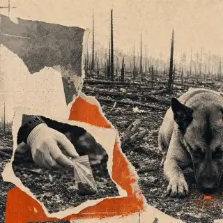 Dans les cendres, le chien détecteur guide les enquêteurs vers les traces invisibles laissées par le feu. Image générée à l'aide d'un outil IA. © Xavier Demeersman, ChatGPT