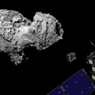 A última aposta ousada da missão Rosetta está prevista para 30 de setembro de 2016. Embora a sonda não tenha sido projetada para isso, tentará pousar no cometa Churyumov-Gerasimenko no final de uma missão que terá durado mais de 12 anos. © Esa, J. Huart, 2014; imagem do cometa: Esa, Rosetta, MPS para Osiris Team MPS