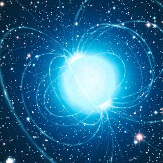 Une vue d'artiste d'une étoiles à neutrons. Les lignes de champ magnétique sont représentées.&nbsp;© ESO, L. Calçada