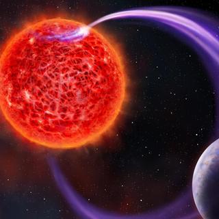 Une vue d'artiste des interactions magnétiques conduisant à des émissions aurorales entre une naine rouge et une exoplanète. © AstronNL