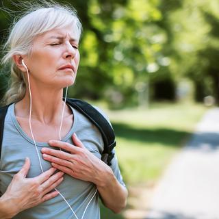 Douleur intense dans la poitrine, malaise, sensation de manque d’air, nausée… C’est peut-être un infarctus du myocarde, mais pas forcément lié une obstruction d’une artère par une plaque d’athérome. © Andres Mejia, Adobe Stock (image générée par l’IA)&nbsp;