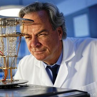 Uma imagem criada pela IA de Richard Feynman e um computador quântico. © IA Grok por über Moron Musk