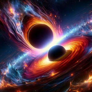Ilustração da fusão de dois buracos negros gigantes gerados por IA. © XD, Futura com Dall-e