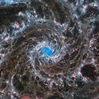 Cette image du Mois du télescope spatial James-Webb (Nasa, ESA, ASC) révèle le cœur de M74, également connue sous le nom de galaxie Fantôme. M74 appartient à une catégorie particulière de galaxie spirale, dite « spirale à grande structure », car ses bras spiraux sont proéminents et bien définis, contrairement à la structure irrégulière et fragmentée de certaines autres galaxies spirales.&nbsp;La galaxie Fantôme se situe à environ 32 millions d'années-lumière de la Terre, dans la constellation des Poissons, et est quasiment face à nous. Cette configuration, associée à ses bras spiraux bien définis, en fait une cible de choix pour les astronomes qui étudient l'origine et la structure des galaxies spirales.&nbsp;©&nbsp;ESA, Webb, Nasa&nbsp;&amp; CSA, J. Lee and the PHANGS-JWST Team