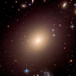 Cette image, prise par le télescope spatial Hubble de la Nasa, montre l'amas de galaxies Abell S0740, situé à plus de 450 millions d'années-lumière, dans la direction de la constellation du Centaure. La galaxie elliptique géante ESO 325-G004 domine le centre de l'amas. Il s'agit de la galaxie centrale la plus brillante (BCG pour Brightest Cluster Galaxy). © Nasa, ESA