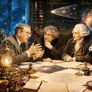 De gauche à droite, les cosmologistes et physiciens du Big Bang, George Gamow et Carlo Rovelli, puis le polymathe suédois Emanuel Swedenborg que l'on compare souvent à Léonard de Vinci et enfin l'écrivain états-unien&nbsp;Edgar Allan Poe, représentés ici&nbsp;par IA en train de discuter&nbsp;de cosmogonie.&nbsp;© LS, ChatGPT