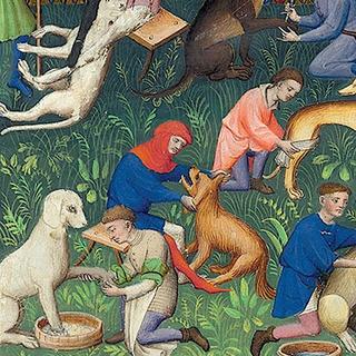 Un détail de miniature du Livre de la chasse (v. 1406), de Gaston III (1331-1391), dit Gaston Phébus, comte de Foix et vicomte de Béarn. On y voit les chiens examinés et soignés par des gardiens de chenil. © The Morgan Library and Museum,&nbsp;Faksimile Verlag Luzern