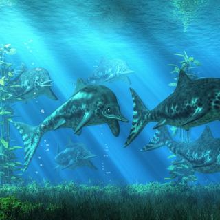 Os ictiossauros, imensos répteis marinhos, vagavam pelos oceanos há cerca de 200 milhões de anos. © Daniel Eskridge