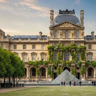 O Louvre está em processo de adaptação às mudanças climáticas (ilustração gerada com IA). © AP, IA Gêmeos