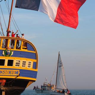 Frégate L'Hermione en 2018, reconstruite à l'identique par l'association Hermione-La Fayette. La Fayette s'est rendu à Boston en 1780 à bord de ce navire. © blog de l'association