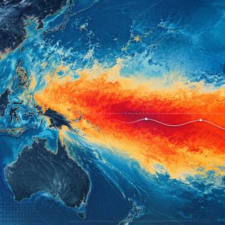 Sur une image satellitaire, des chercheurs de la Nasa ont observé le signe d’un mouvement aussi inhabituel que puissant dans les eaux du Pacifique. Peut-être celui d’un épisode El Niño qui se révèlerait particulièrement intense. © XD, ChatGPT