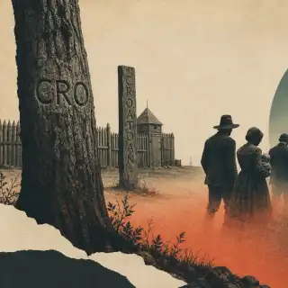  117 colons ont disparu, ne laissant que les inscriptions « CRO » et « CROATOAN ». Image générée à l'aide d'un outil IA. © Xavier Demeersman, ChatGPT