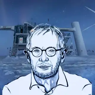 Une vue des bâtiments de surface du détecteur géant de neutrinos IceCube, en Antarctique. La pureté de la glace à plus d’un kilomètre de profondeur permet à plus de 5 000 photomultiplicateurs d'enregistrer avec précision les flashs bleutés, très ténus, générés par les muons issus de la collision des neutrinos avec les noyaux atomiques dans la glace. La construction de IceCube a commencé en 2005, mais le détecteur est une version plus grande d'Amanda&nbsp;qui date du début des années 1990. © Felipe Pedreros, IceCube, NSF ; portrait Prix Nobel de Physique
