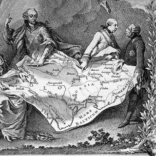 Alegoria da primeira divisão da Polónia, mostrando Catarina, a Grande da Rússia (à esquerda), José II da Áustria e Frederico, o Grande da Prússia (à direita) a discutir sobre a tomada de território. A esta primeira divisão seguir-se-ão outras duas, em 1793 e 1795. Domínio público