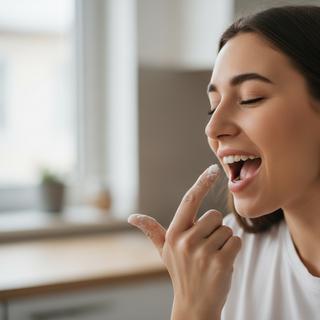 A jovem lambia o dedo, depois mergulhava-o no pó descolorante, levava-o à boca, enxaguava-o, depois cuspia-o e enxaguava novamente. © Imagem gerada com Adobe Firefly 