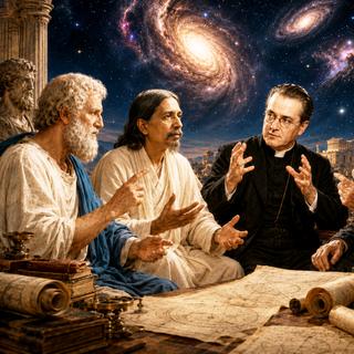 De gauche à droite, le philosophe, mathématicien et écrivain grec Platon, le philosophe, écrivain, poète et mystique indien Sri Aurobindo, puis le cosmologiste, physicien et mathématicien jésuite belge Georges Lemaître et enfin Albert Einstein qu'on ne présente plus, tous en pleine discussion sur la cosmologie, la philosophie et le mysticisme (illustration générée par&nbsp;IA). © LS, ChatGPT