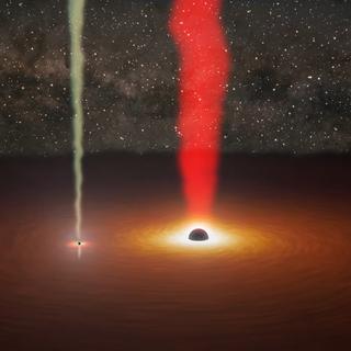 Esta impressão artística mostra dois buracos negros supermassivos na galáxia com o quasar denominado OJ 287. O buraco negro menor orbita o maior, que também está rodeado por um disco de gás. © NASA, JPL-Caltech © Universidade de Turku