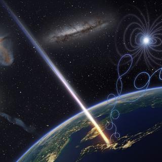 Une vue d'artiste de l'arrivée sur Terre d'un rayon cosmique de très haute énergie et des possibles sources de ce type de rayon, les trous noirs supermassifs en rotation avec leurs jets au cœur des galaxies actives. © Osaka Metropolitan University, L-INSIGHT, Kyoto University, Ryuunosuke Takeshige