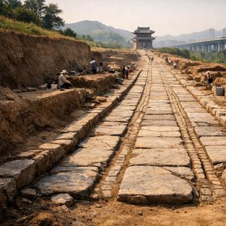 Há muito tempo invisível, uma antiga estrada chinesa revela uma engenharia extraordinária. © imagem gerada por chatGPT AI