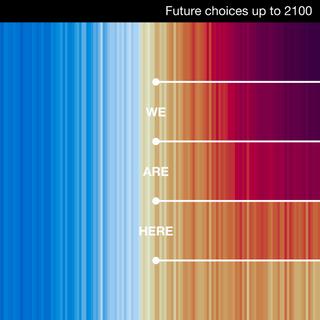 O IPCC desenvolveu cinco cenários relativos ao aumento das temperaturas, do mais optimista (parte inferior) ao mais pessimista (topo). O ponto branco onde diz “Estamos aqui” mostra a nossa posição atual na tendência da temperatura. Qual caminho a humanidade escolherá? © Ed Hawkins, ShowYourStripes