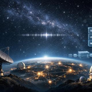 Uma ilustração do conceito por trás do SkyMapper, uma rede distribuída de telescópios e instrumentos que cobre todo o céu, acessível via Web3. © Franck Marchis