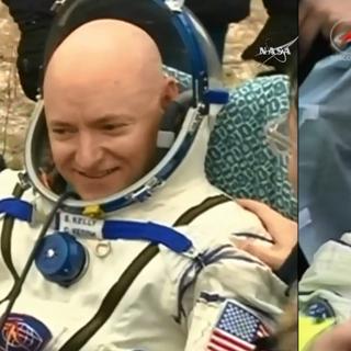 Scott Kelly et Mikhail Kornienko viennent de retrouver le sol de notre planète, après une année à tourner autour d&#39;elle. © Nasa TV