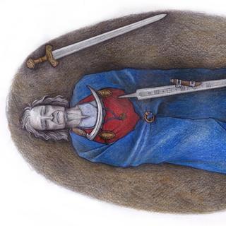 Impressão artística do indivíduo durante o sepultamento. Com base em seu sexo cromossômico, ele poderia ter características físicas femininas (tórax desenvolvido) e masculinas (genitais). © Moilanen et al, 2021