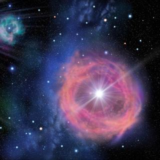 Représentation d'artiste d'étoiles massives et lumineuses de première génération dans l'Univers qui formeraient un amas. Les plus massives ont explosé et éjecté de la matière fournissant des éléments lourds dans les nuages de gaz environnants. © NAOC