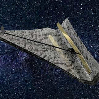 Conceito do telescópio espacial retangular de Heidi Newberg com um espelho primário segmentado de vinte espelhos quadrados de berílio de um metro. © Leaf Swordy, Instituto Politécnico Rensselaer