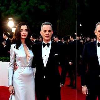 Tom Hanks et Anne Hathaway lors d'une soirée de gala se retrouvent aux côtés de leurs clones. Une séquence imaginée par l’IA générative Maze Guru. © D. Ichbiah avec Maze Guru