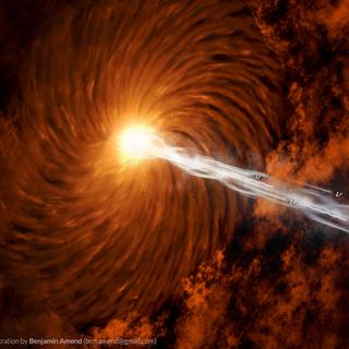Impressão artística do jato de partículas de um quasar, com neutrinos. © Benjamin Amend