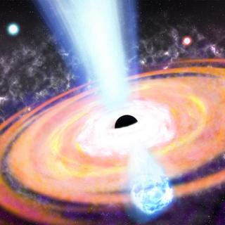 Illustration d'un champ magnétique généré par un trou noir supermassif dans l'univers primitif, montrant des éjections de plasma turbulentes qui transforment les nuages de gaz en étoiles. © Roberto Molar Candanosa,&nbsp;Johns Hopkins University