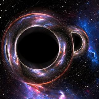 Impressão artística de uma fusão de dois buracos negros de massas diferentes. A gravidade destes buracos negros curva e distorce a luz que os rodeia. © Carl Knox, OzGrav, Universidade de Tecnologia de Swinburne